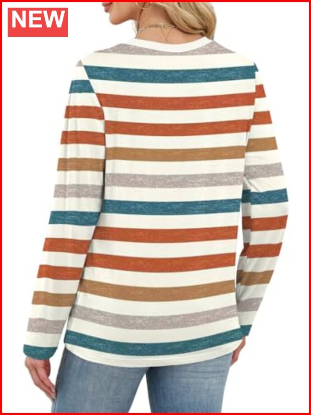 Womens Striped Long Sleeve Ribbed Crewneck Tee Fall Casual Blouse - Picture 4 of 6
